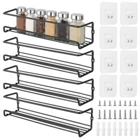 4Pcs Wall Mount Spice Racks Seasoning Herb Jar Holder Organizer Kitchen Pantry Door Storage Shelf - black