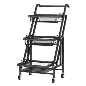 3-Tier Folding Rolling Cart;  Rolling Storage Cart with 3 Metal Wire Baskets for Kitchen; Bedroom; Living Room;  and Bathroom;  Black