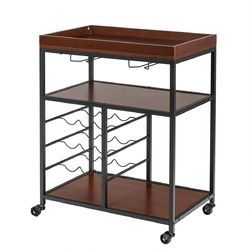 3 Tier Storage Bar Serving Cart with Wine Rack and Glass Holder