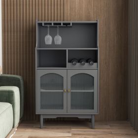 Living Room Grey color wine cabinet with removable rack and wine glass rack, one cabinet with glass doors