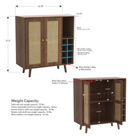 Bohemian Bar Cabinet, Natural Rattan Doors, Removable Wine Rack in Walnut