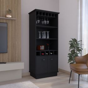 Bar Cabinet 70"H with Wine Rack, Upper Glass Cabinet, three Open Storage Shelves and One Cabinet,Black