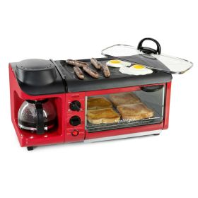 Nostalgia BST3RR Retro 3-in-1 Family Size Electric Breakfast Station, Coffeemaker, Griddle, Toaster Oven - Retro Red - Nostalgia