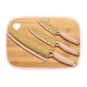 Paris Hilton 7-Piece Reversible Bamboo Heart Cutting Board and Stainless Steel Cutlery Set, Pink - Paris Hilton