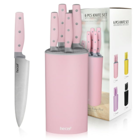 Hecef Kitchen Knife Block Set with Universal Knife Block Holder, High Carbon Stainless Steel Pink Chef Knife Set - Hecef