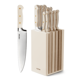 CAROTE 11PCS Knife Set with Block for kitchen, Stainless Steel Razor-Sharp Blade, Triple Riveted Ergonomic Handle,Essential Knife Set, Beige - Carote