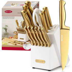 McCook MC21G Knife Sets,15 Pieces Golden Titanium Kitchen Knife Block Sets with Built-in Sharpener - McCook