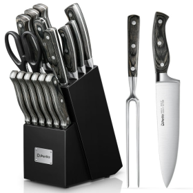 D.Perlla Knife Set, 16 Pieces German Stainless Steel Knife Set with Block and Wooden Handle, Black - D.Perlla