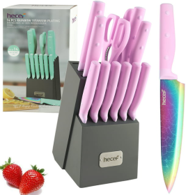 Hecef 14-Piece Kitchen Knife Set with Wooden Block Sharpening Steel, Titanium Coating Rainbow Slicing Chef Knives - Hecef