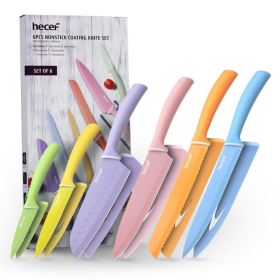 Hecef 6 Piece Kitchen Knife Set, Colorful Coated Stainless Steel Knives with Blade Guards - Hecef