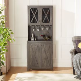 Farmhouse Bar Cabinet for Liquor and Glasses, Dining Room Kitchen Cabinet with Wine Rack